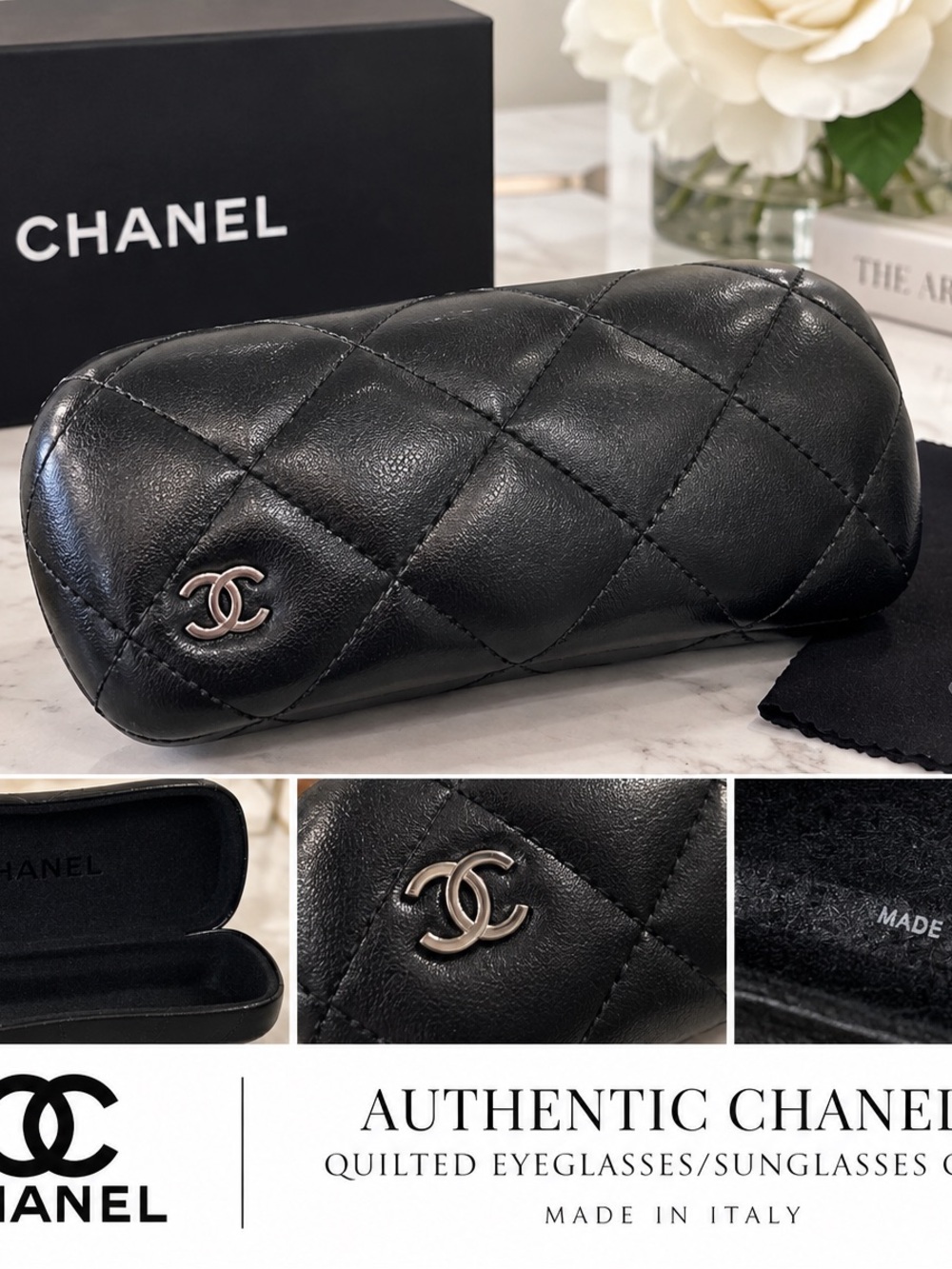 CHANEL Black Quilted Leather Sunglasses Case with Silver CC Emblem